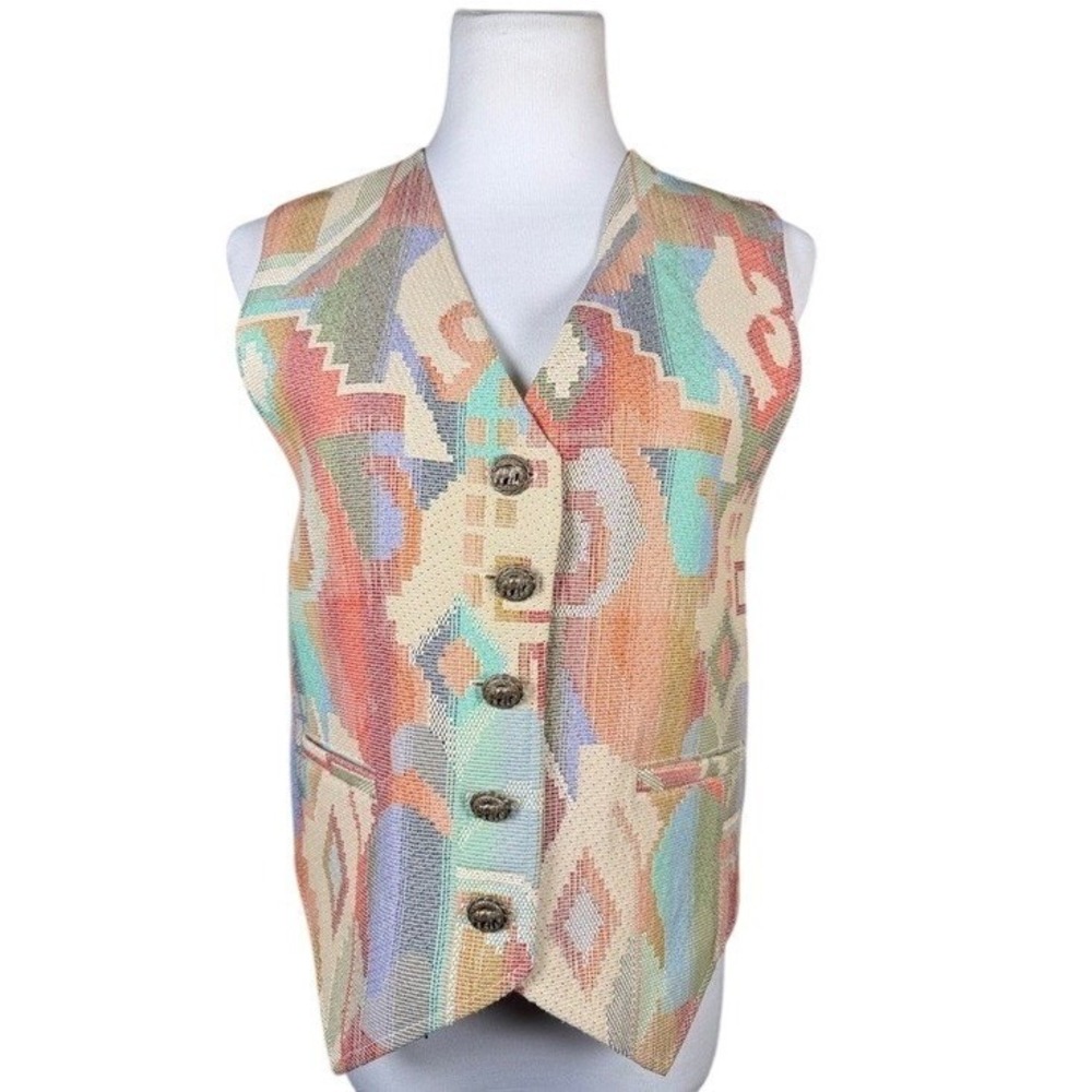 Ascente Vest Womens Medium Tapestry Geometric Multi-Color Elephant‎ Button USA